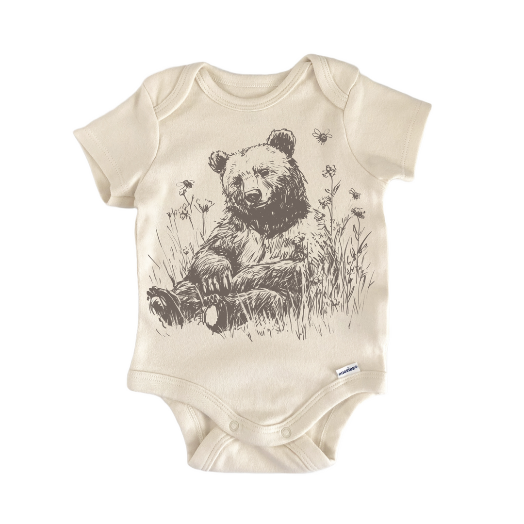 Cottagecore Bear Bee Floral Boho - Baby Bodysuit  Funny Cute Onesie® | North Fork Forager LLC