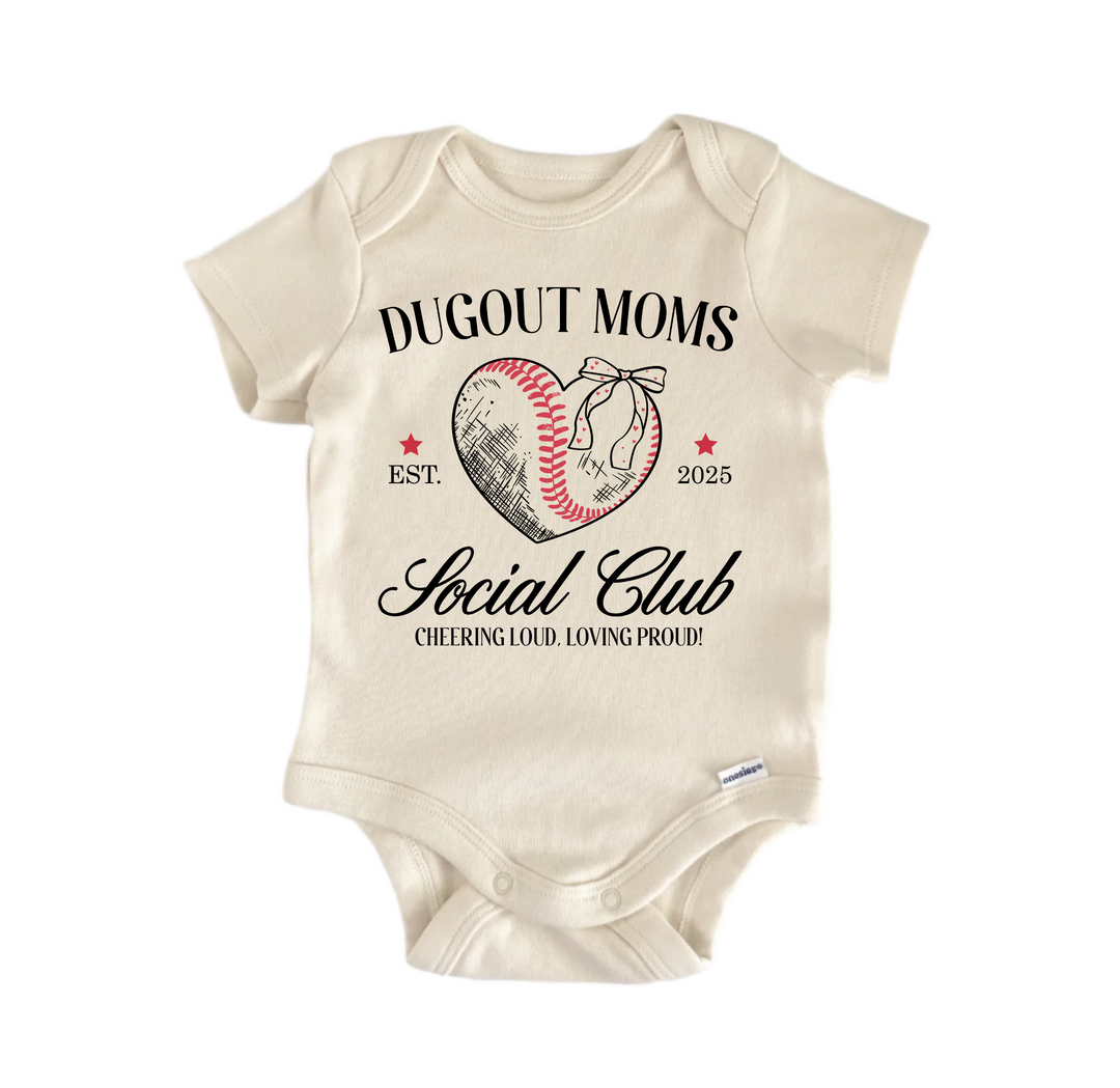 Dugout Moms Social Club Baseball -  Baby Boy Girl Clothes  Bodysuit Funny Cute  Funny Cute Onesie® | North Fork Forager LLC