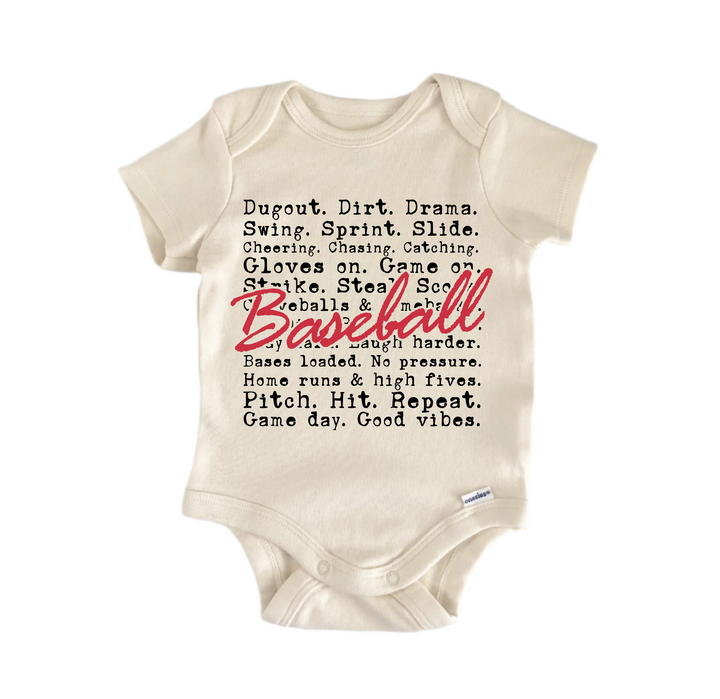 Dugout Drama Swing Slide Baseball -  Baby Boy Girl Clothes  Bodysuit Funny Cute  Funny Cute Onesie® | North Fork Forager LLC