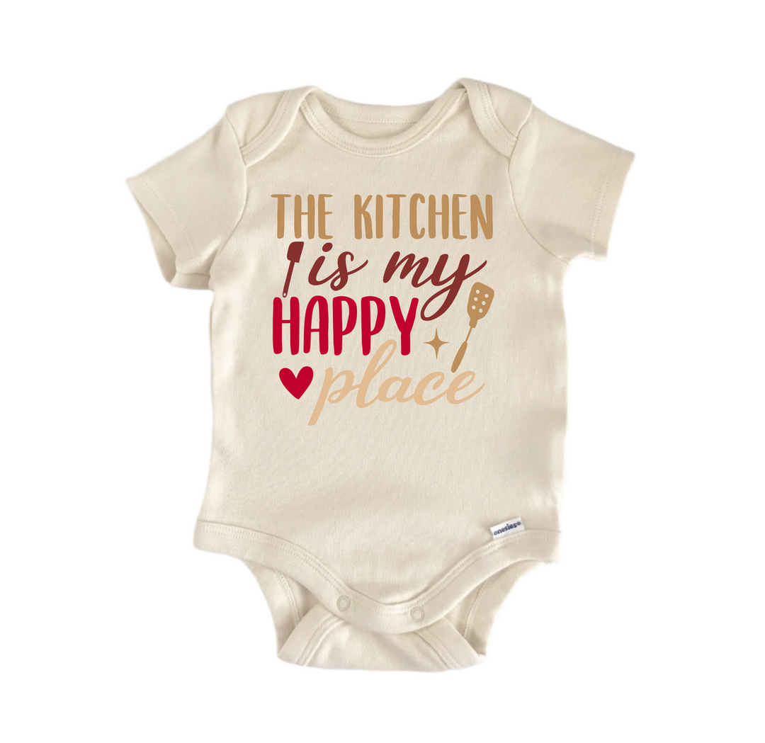 The Kitchen Is My Happy Place  Baking -  Baby Boy Girl Clothes  Bodysuit Funny Cute  Funny Cute Onesie® | North Fork Forager LLC