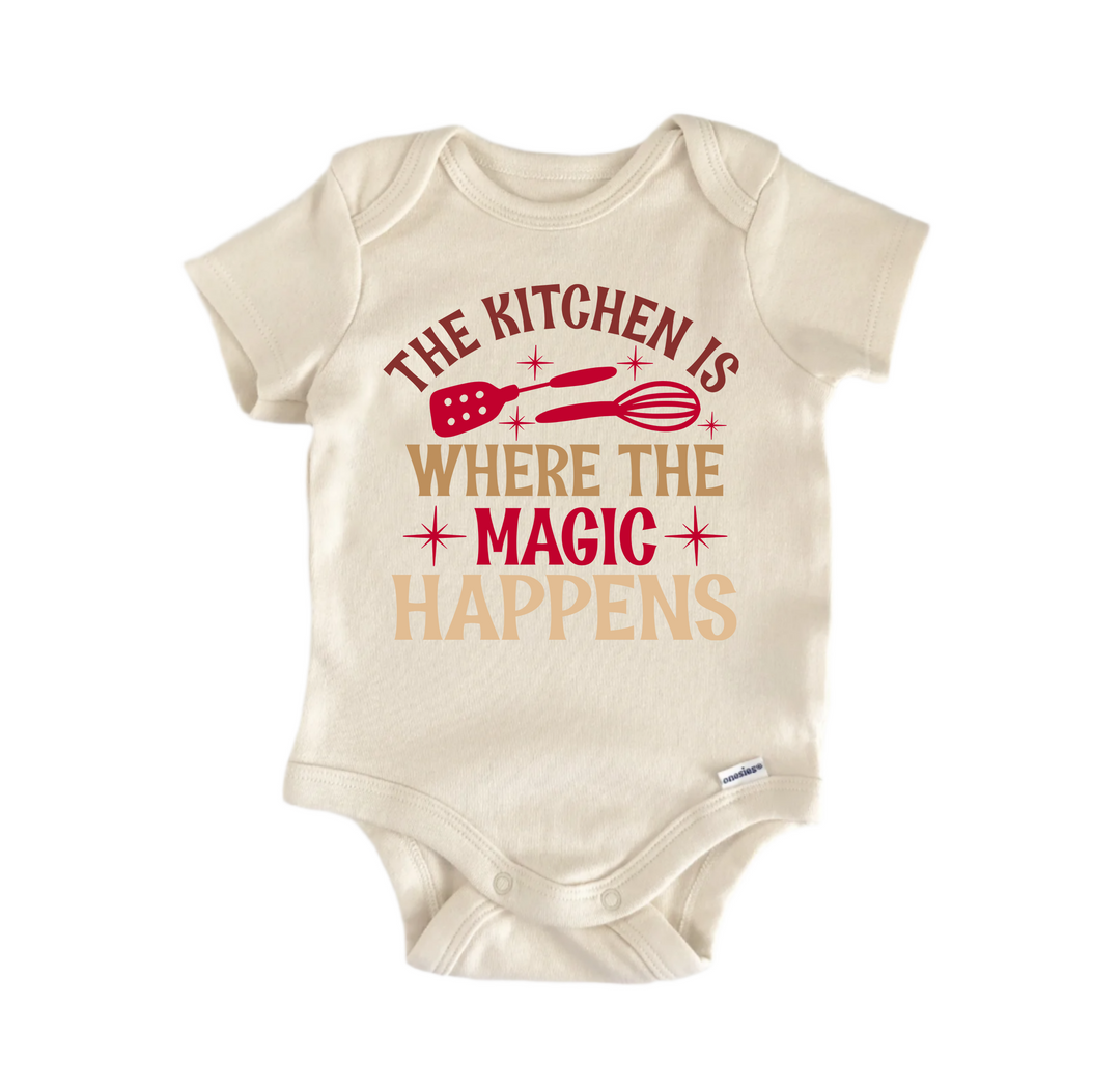 The Kitchen Is Where The Magic Baking -  Baby Boy Girl Clothes  Bodysuit Funny Cute  Funny Cute Onesie® | North Fork Forager LLC