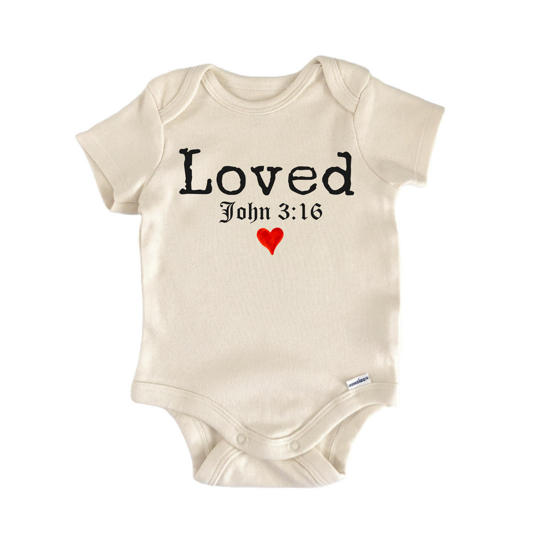 Loved John 316 Bible God Religious Jesus - Baby Bodysuit  Funny Cute Onesie® | North Fork Forager LLC