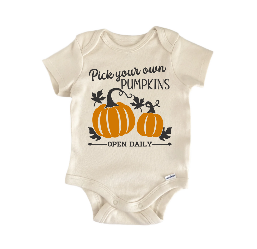 Pick Your Own Pumpkins Fall - Baby Boy Girl Clothes  Bodysuit Funny Cute  Funny Cute Onesie® | North Fork Forager LLC
