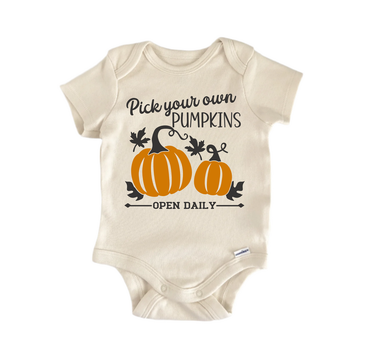 Pick Your Own Pumpkins Fall - Baby Boy Girl Clothes  Bodysuit Funny Cute  Funny Cute Onesie® | North Fork Forager LLC