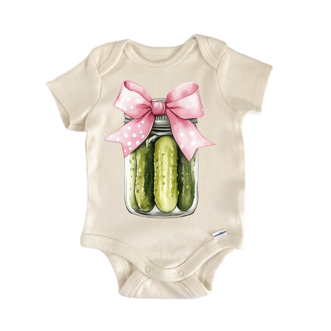 Pickle Jar Pink Bow Cucumber - Baby Bodysuit  Funny Cute Onesie® | North Fork Forager LLC