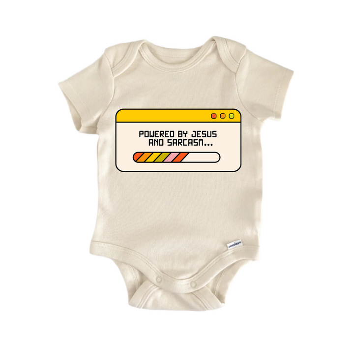 Powered By  And Sarcasm Jesus Religious God Christian -  Baby Boy Girl Clothes  Bodysuit  Funny Cute Onesie® | North Fork Forager LLC
