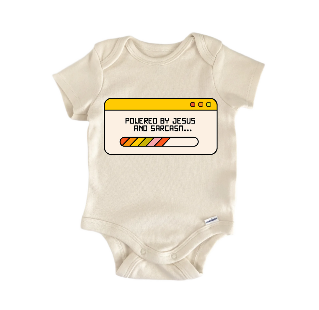 Powered By  And Sarcasm Jesus Religious God Christian -  Baby Boy Girl Clothes  Bodysuit  Funny Cute Onesie® | North Fork Forager LLC