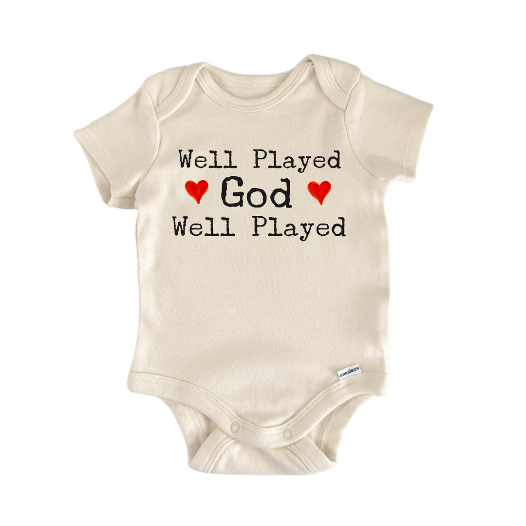 Religious Birth Announcement Well Playd God - Baby Bodysuit  Funny Cute Onesie® | North Fork Forager LLC