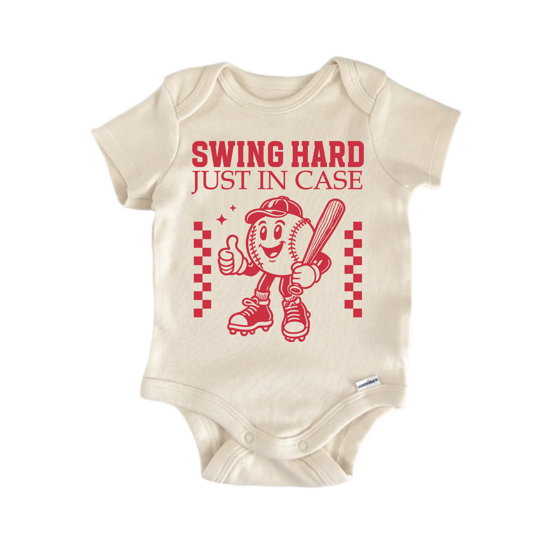 Swing Hard Just In Case Baseball -  Baby Boy Girl Clothes  Bodysuit Funny Cute  Funny Cute Onesie® | North Fork Forager LLC