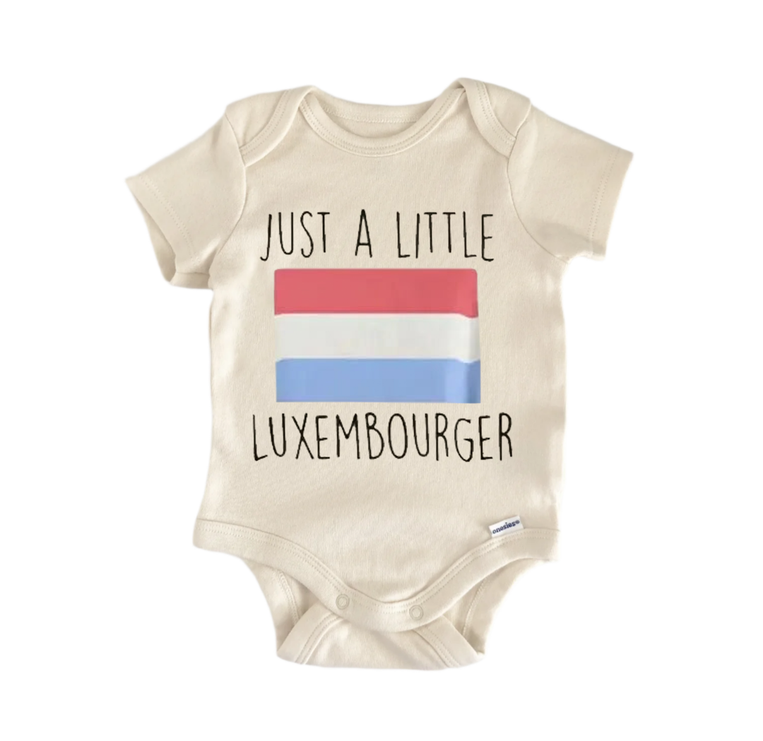 A beige baby onesie with the text "JUST A LITTLE LUXEMBOURGER" printed on it, along with a small flag design.