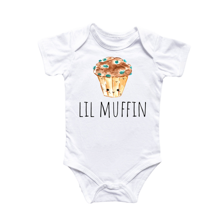 a white bodysuit with a picture of a muffin on it