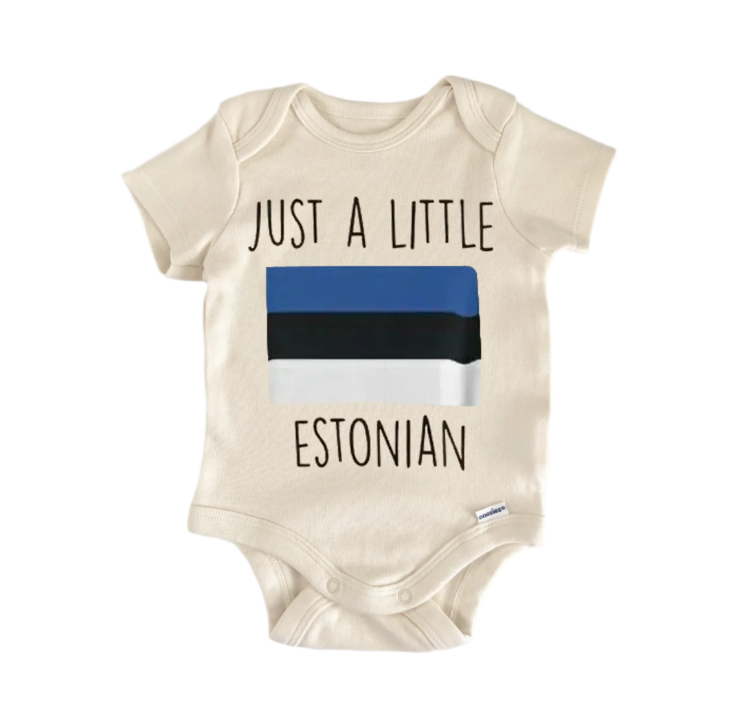 A beige baby onesie with the text "JUST A LITTLE ESTONIAN" printed on it, along with a small flag design.