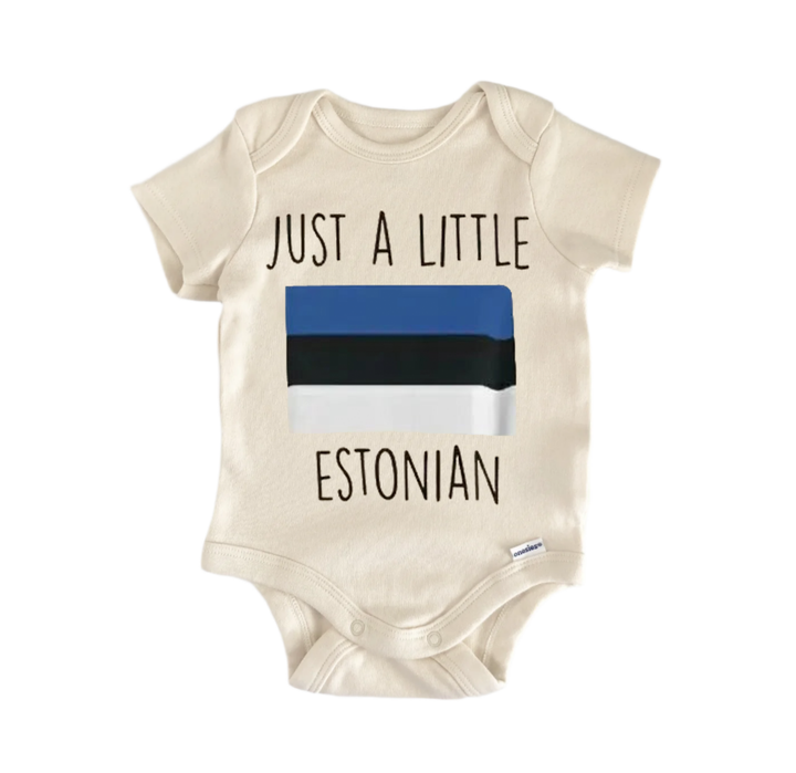 A beige baby onesie with the text "JUST A LITTLE ESTONIAN" printed on it, along with a small flag design.