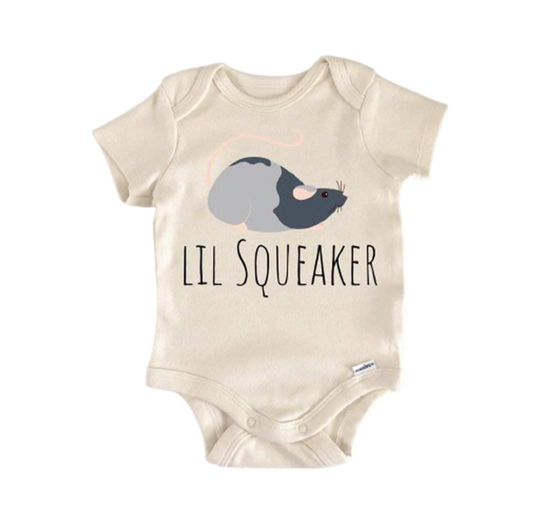 A beige baby onesie with a cartoon rat and the text "LIL SQUEEAKER" printed on it.