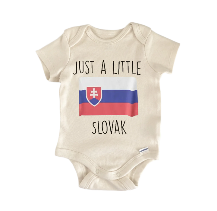 A beige baby onesie with the text "JUST A LITTLE SLOVAK" printed on it, along with a small graphic of the Slovakia national flag.