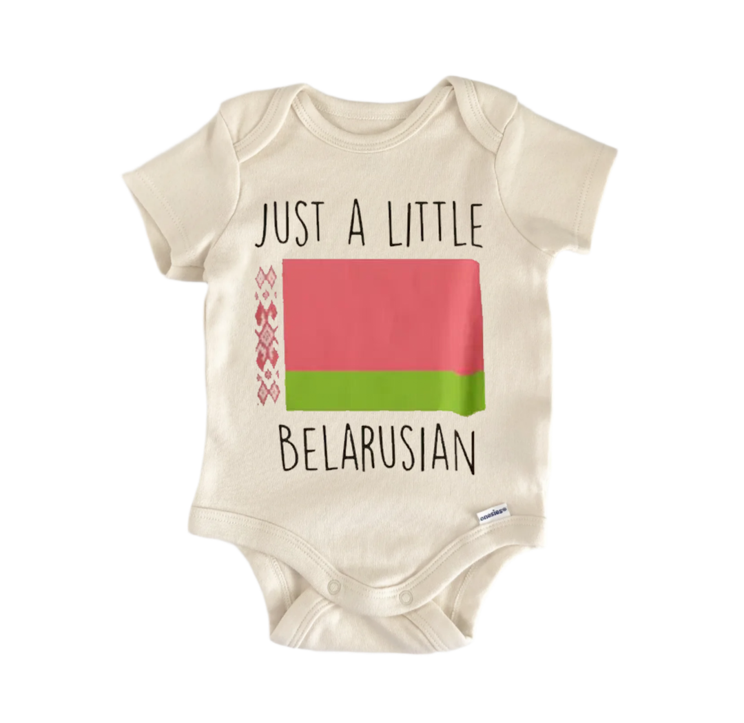 A baby onesie with a graphic design featuring the flag of Belarus.