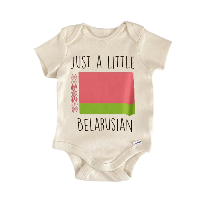 A baby onesie with a graphic design featuring the flag of Belarus.