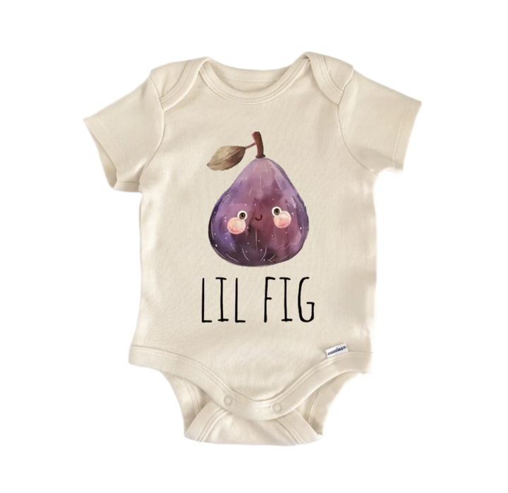 A beige baby onesie with a printed image of a purple pear and the text "LIL FIG" printed on it.