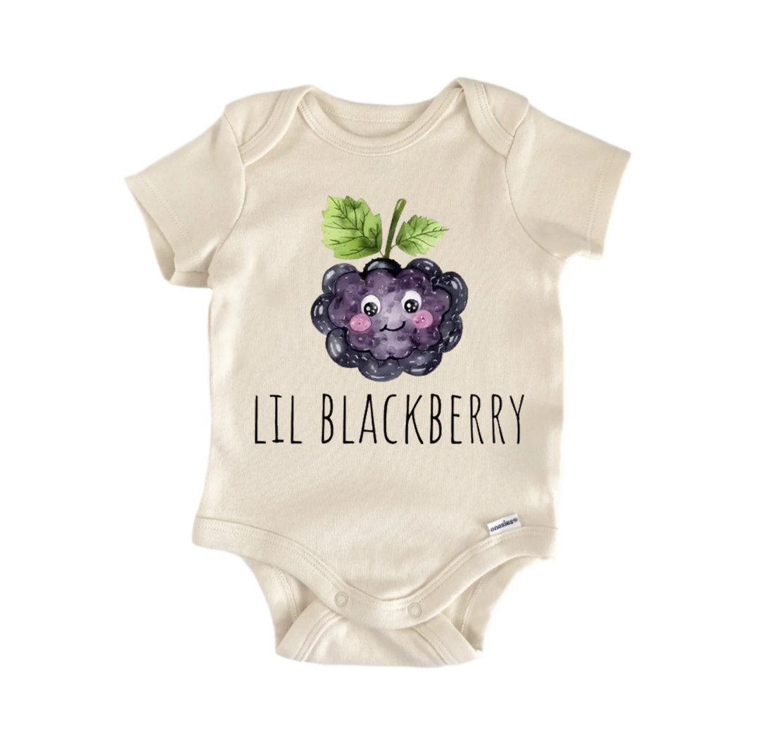 A beige baby onesie with a blackberry graphic and the text "LIL BLACKBERRY" printed on it.
