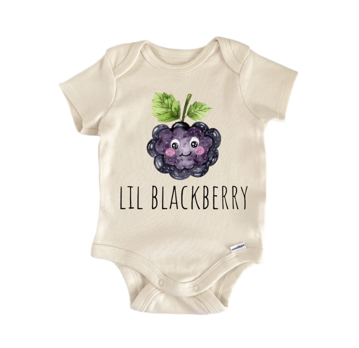 A beige baby onesie with a blackberry graphic and the text "LIL BLACKBERRY" printed on it.