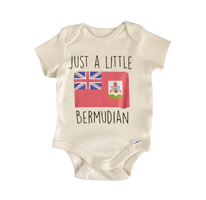A baby onesie with the text "JUST A LITTLE BERMUDA" printed on it, along with the flag of Bermuda.