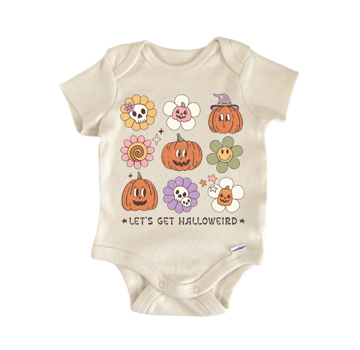 A beige baby onesie with a Halloween-themed design featuring various cartoon-style pumpkins, flowers, and a witch's hat.