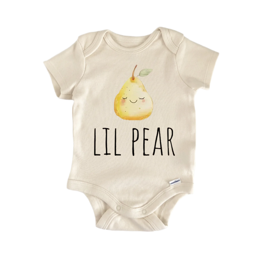 A beige baby onesie with a printed image of a pear and the text "LIL PEAR" printed on it.