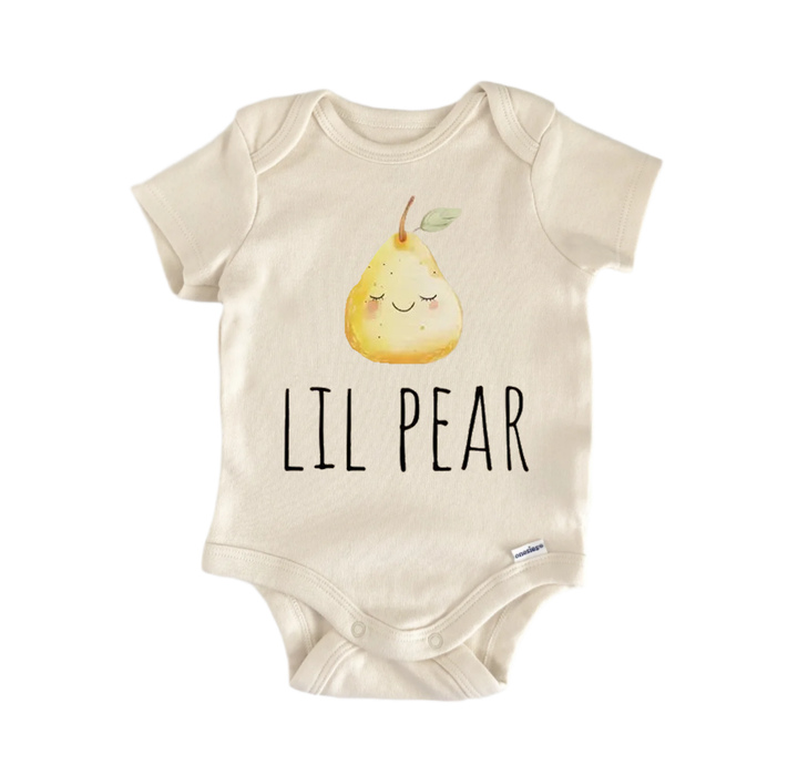 A beige baby onesie with a printed image of a pear and the text "LIL PEAR" printed on it.