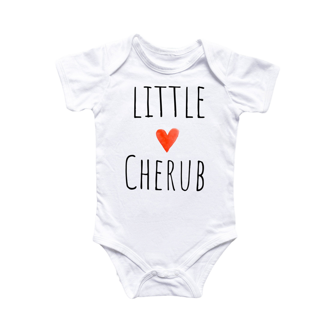 a white bodysuit with a red heart that says little cherub
