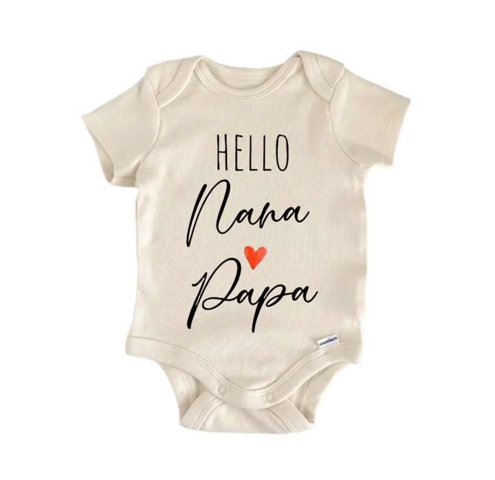 A beige baby onesie with the text "Hello Nana Papa" printed on it.