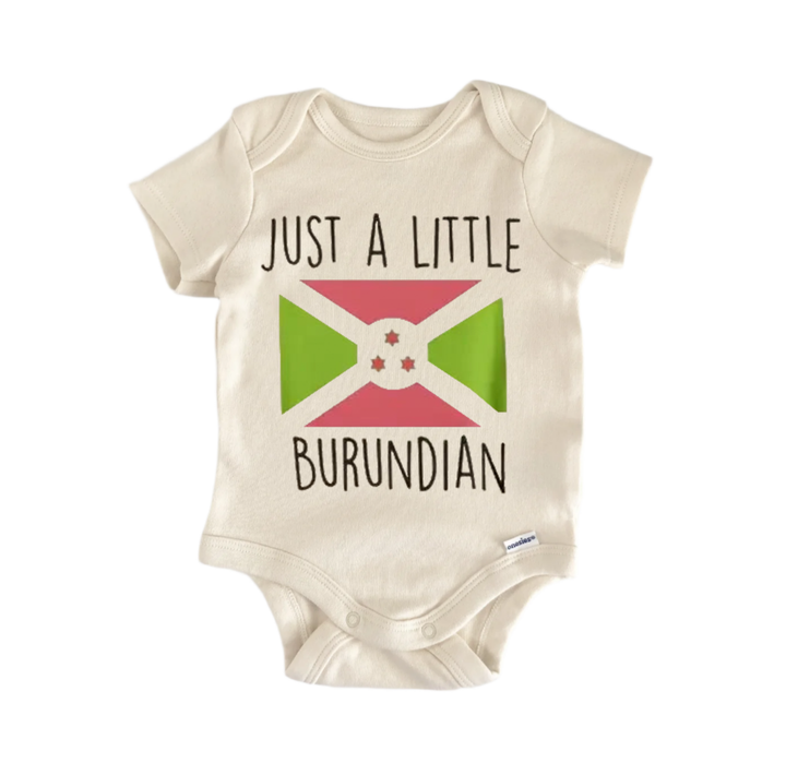 A baby onesie with the text "JUST A LITTLE BURUNDIAN" printed on it, along with a small flag design.