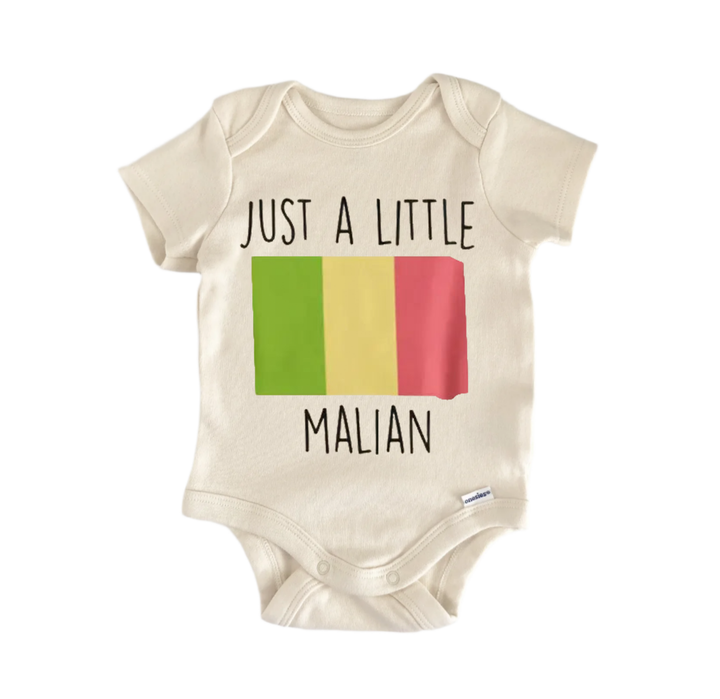 A baby onesie with the text "JUST A LITTLE MALIAN" printed on it.
