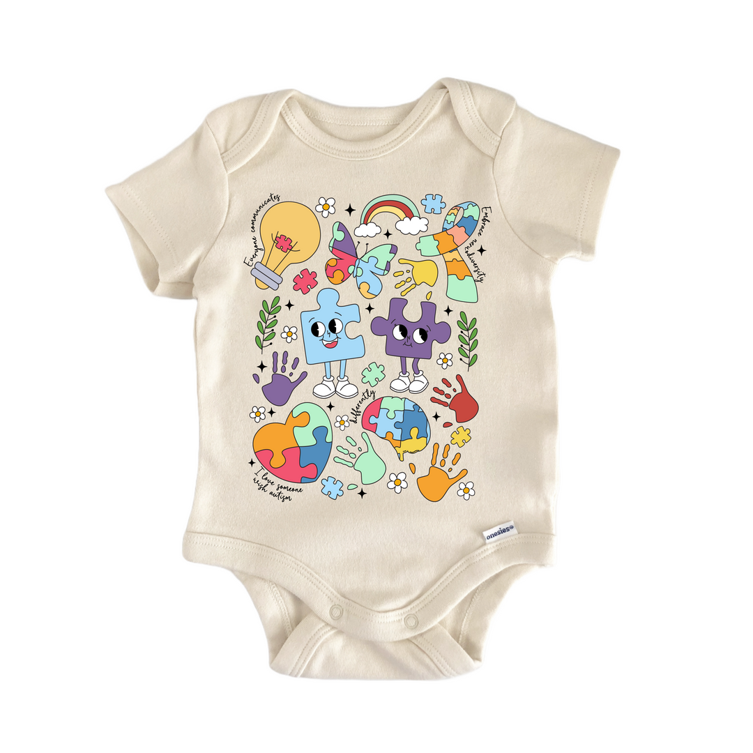 Autism Awareness Puzzle Hippie - Baby Bodysuit  Funny Cute Onesie® | North Fork Forager LLC