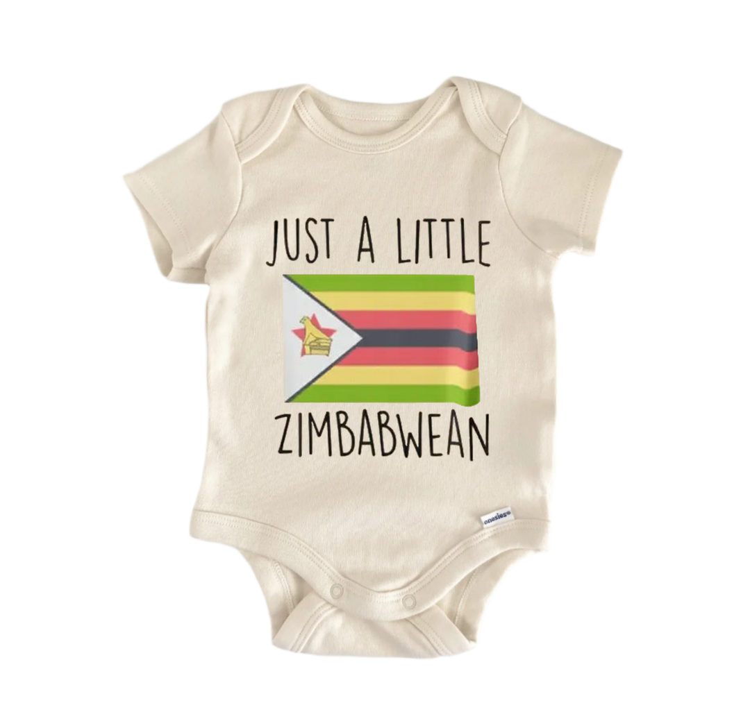 A beige baby onesie with the text "JUST A LITTLE ZIMBAWEAN" printed on it, along with a small flag of Zimbabwe.