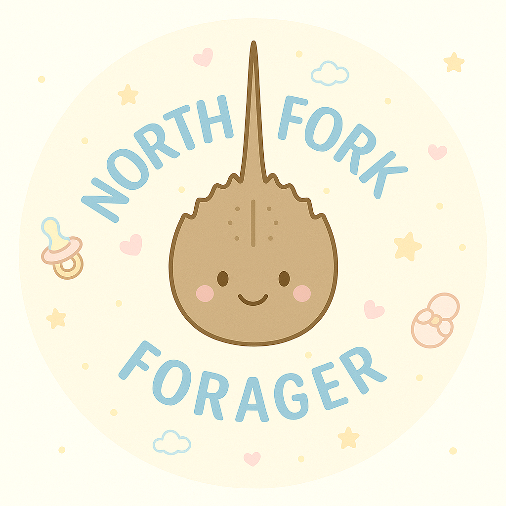 A cartoon image of a smiling brown creature with a long, pointed nose, surrounded by stars and clouds, with the text "NORTH FORK FORAGER" written around it.