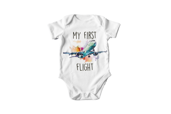 a baby bodysuit that says, my first flight