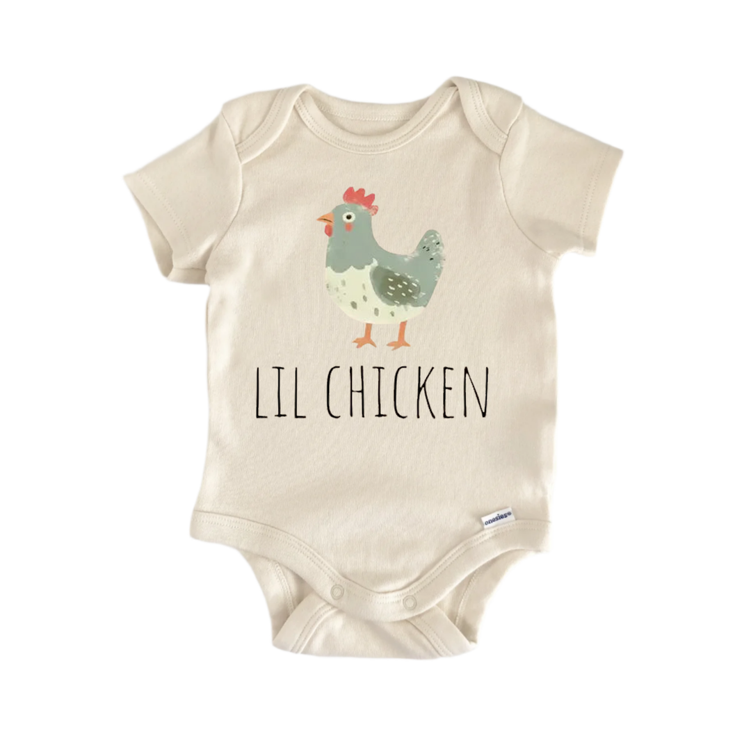 A baby onesie with a cartoon chicken design and the text "LIL CHICKEN" printed on it.