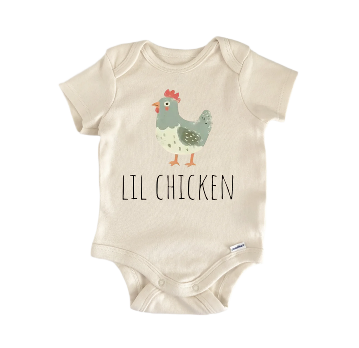 A baby onesie with a cartoon chicken design and the text "LIL CHICKEN" printed on it.