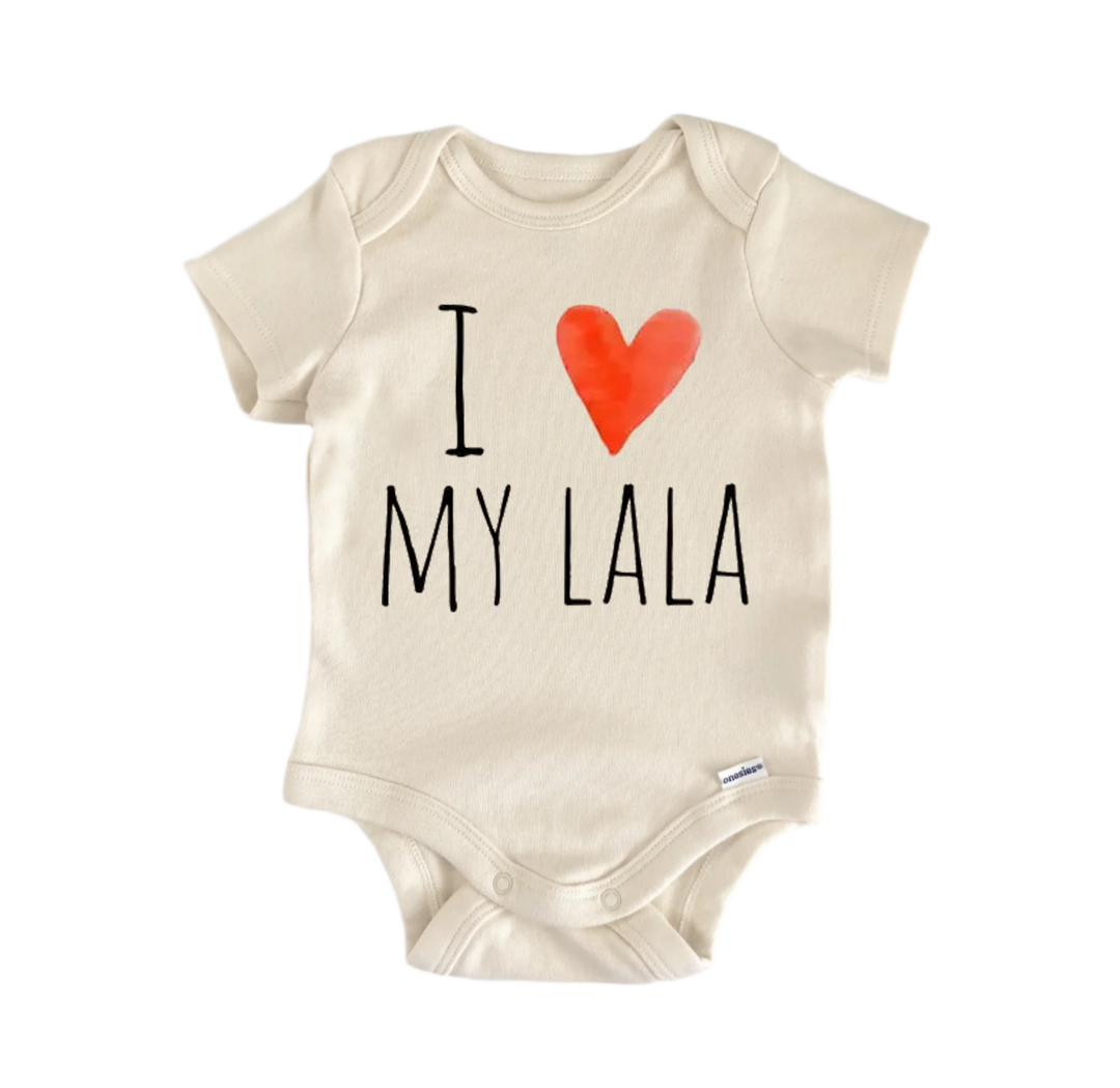 A beige baby onesie with the text "I ♥ MY LLA" printed on it, along with a red heart symbol.
