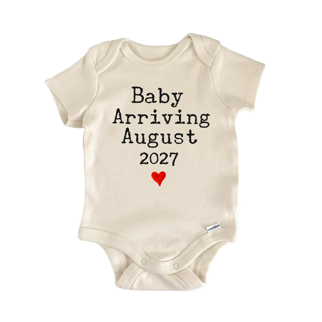 Baby Arriving August 2027 Due Date - Baby Bodysuit  Funny Cute Onesie® | North Fork Forager LLC