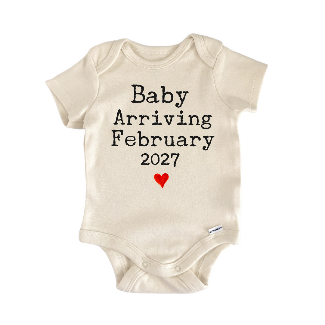 Baby Arriving February 2027 Due Date - Baby Bodysuit  Funny Cute Onesie® | North Fork Forager LLC