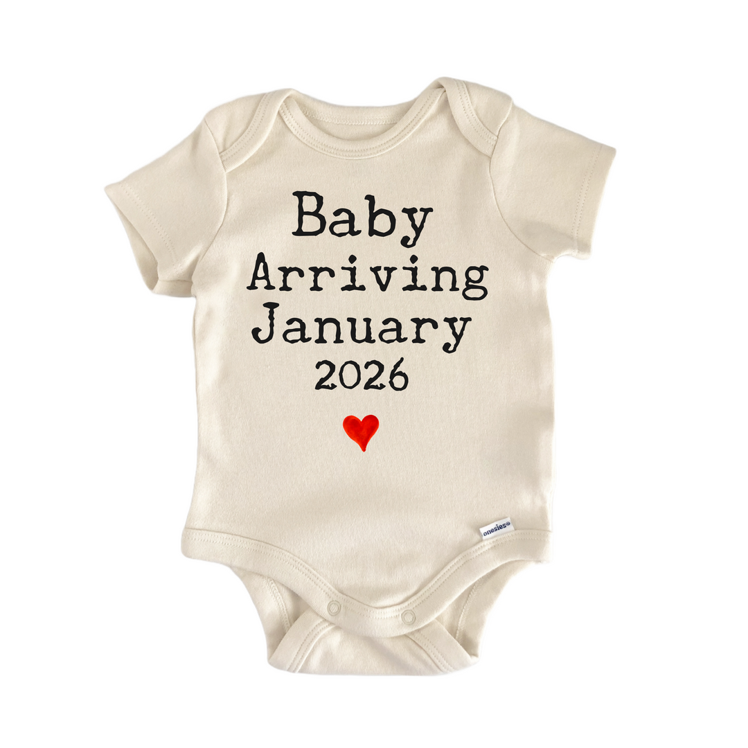 Baby Arriving January 2026 Due Date - Baby Bodysuit  Funny Cute Onesie® | North Fork Forager LLC