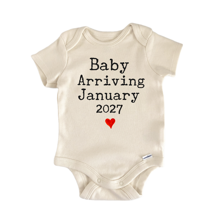 Baby Arriving January 2027 Due Date - Baby Bodysuit  Funny Cute Onesie® | North Fork Forager LLC