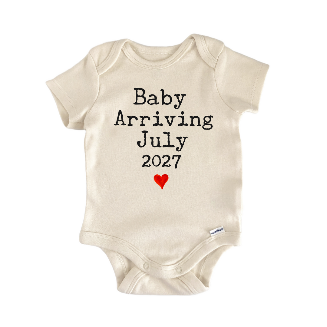 Baby Arriving July 2027 Due Date - Baby Bodysuit  Funny Cute Onesie® | North Fork Forager LLC
