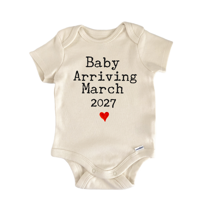 Baby Arriving March 2027 Due Date - Baby Bodysuit  Funny Cute Onesie® | North Fork Forager LLC