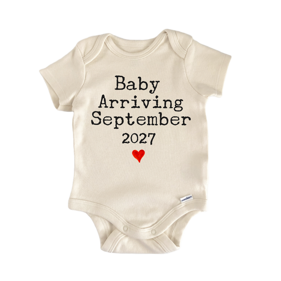 Baby Arriving September 2027 Due Date - Baby Bodysuit  Funny Cute Onesie® | North Fork Forager LLC