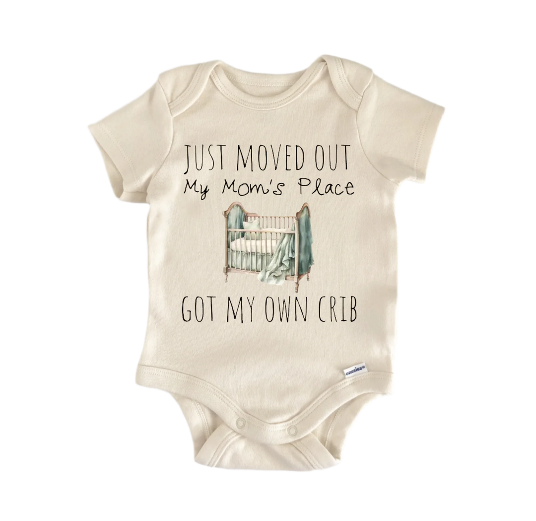 a baby onesie with a humorous text printed on it.