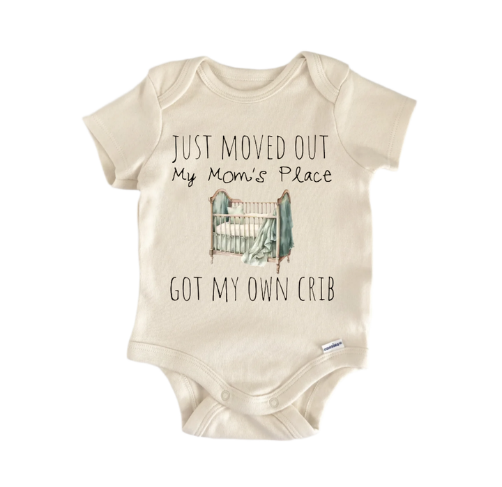 a baby onesie with a humorous text printed on it.