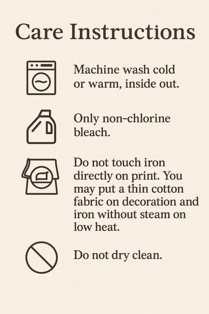 care instructions for washing clothes, including machine washing instructions, non-chlorine bleach usage, and ironing guidelines.