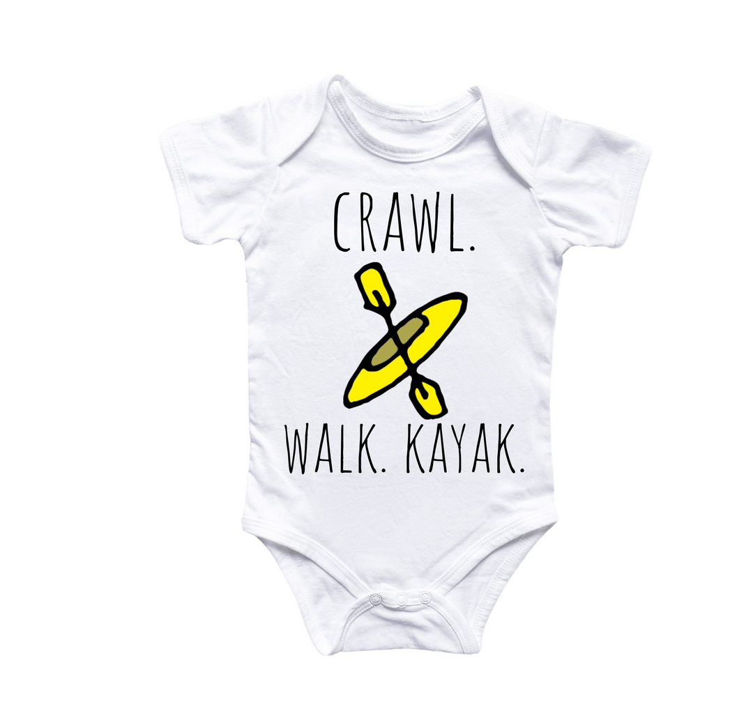 a white bodysuit with a yellow kayak on it